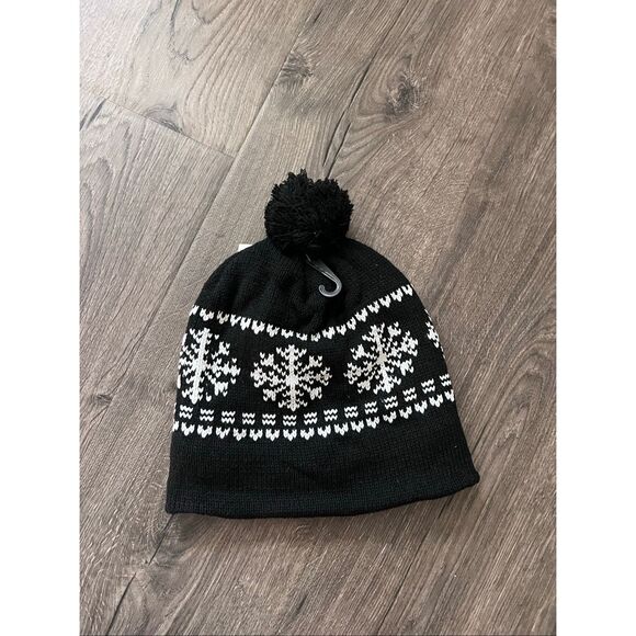 Juncture Unisex Men Women Black Toboggan Winter Hat Cap Ski Snowboard Snowflakes - Picture 2 of 4